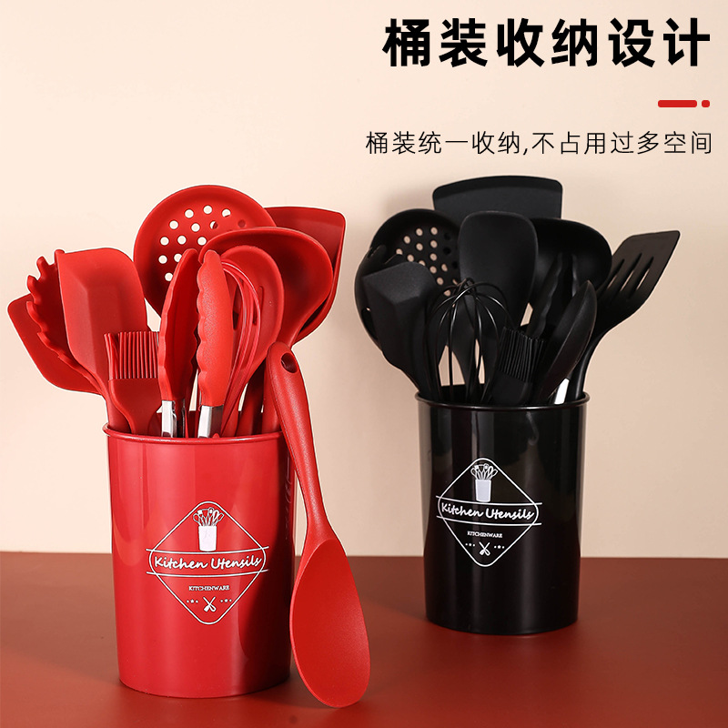 Silicone Kitchen Utensils 13-Piece Set Non-stick Spatula Slotted Spoon Set Red Black Kitchen Storage