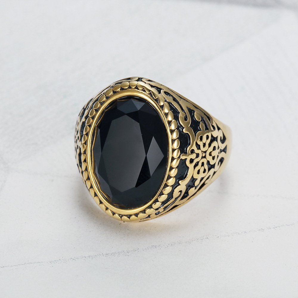Quality 18K Real Gold Gemstone Ring Men's Finger Ring Stainless Steel Accessory