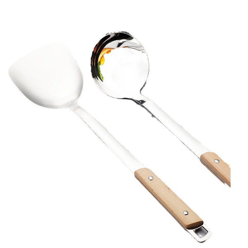 201 non-magnetic stainless steel spatula, soup spoon kitchen set, kitchen cooking household solid wood handle frying spatula, slotted spoon logo