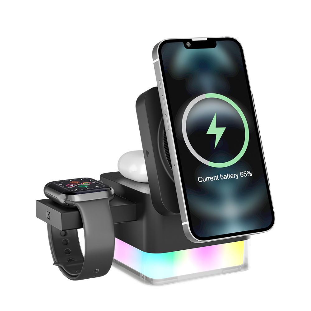 Multifunctional Three-in-One Wireless Charger Foldable Desktop Color Light Earbuds Watch Phone Charger Fast Charging Magnetic