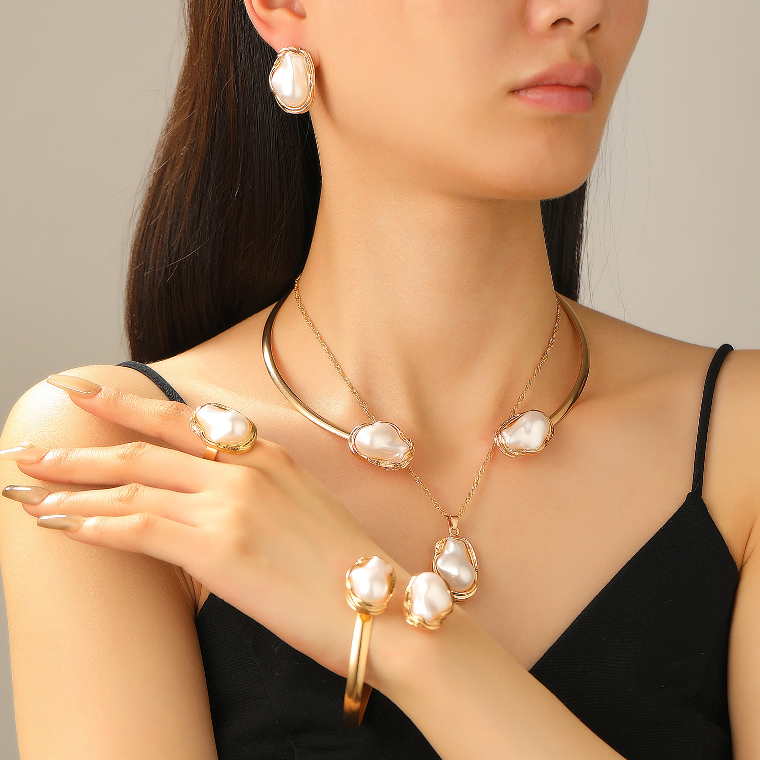 Baroque Irregular Pearl Set Jewelry Women Necklace Stud Earrings Bracelet Choker