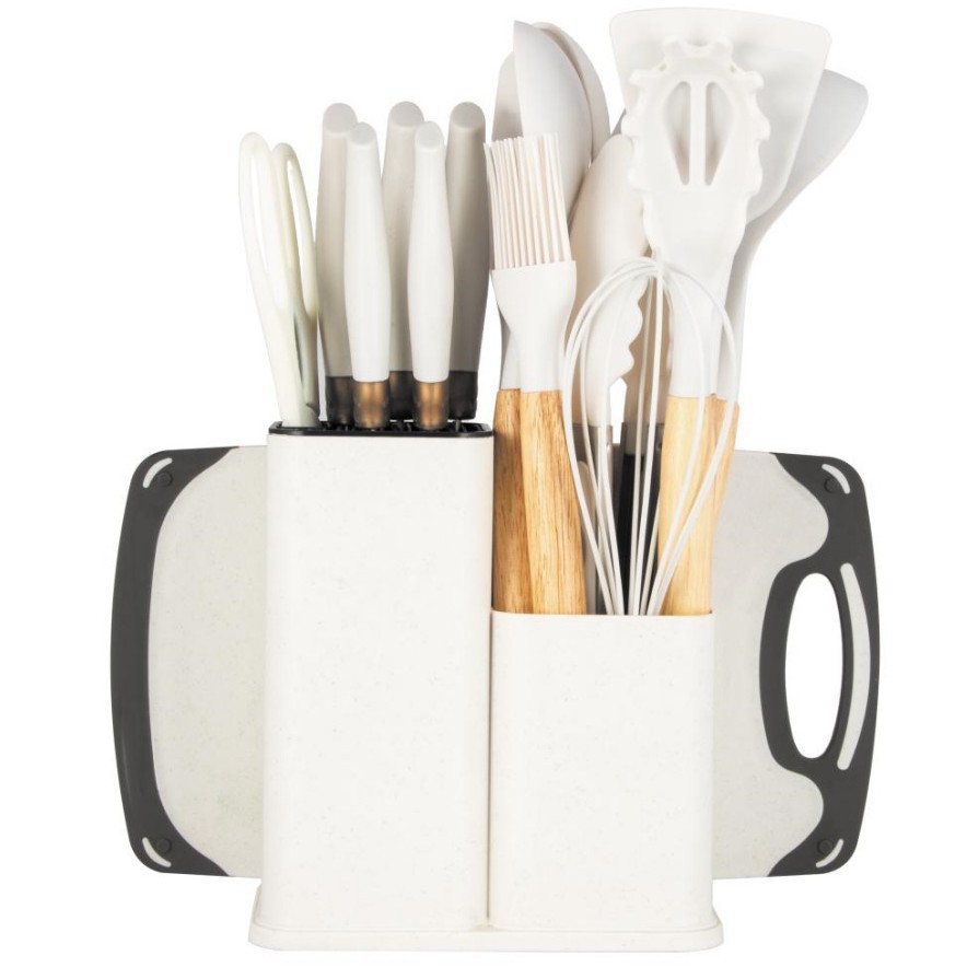 19-piece silicone kitchen utensil set with knife, silicone combination kitchen utensils 19-piece double-barrel straw silicone kitchen utensil set with knife