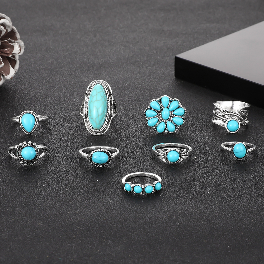 New Ring Bohemian Feather Turquoise Hollow 9-Piece Set Ring