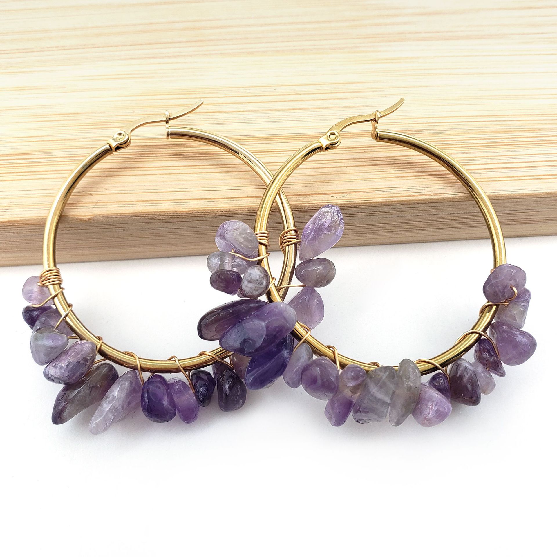 Large Circle Natural Crystal Raw Stone Earrings Hand-wrapped Green Donglin Stone Women's Commute Stainless Steel Earrings