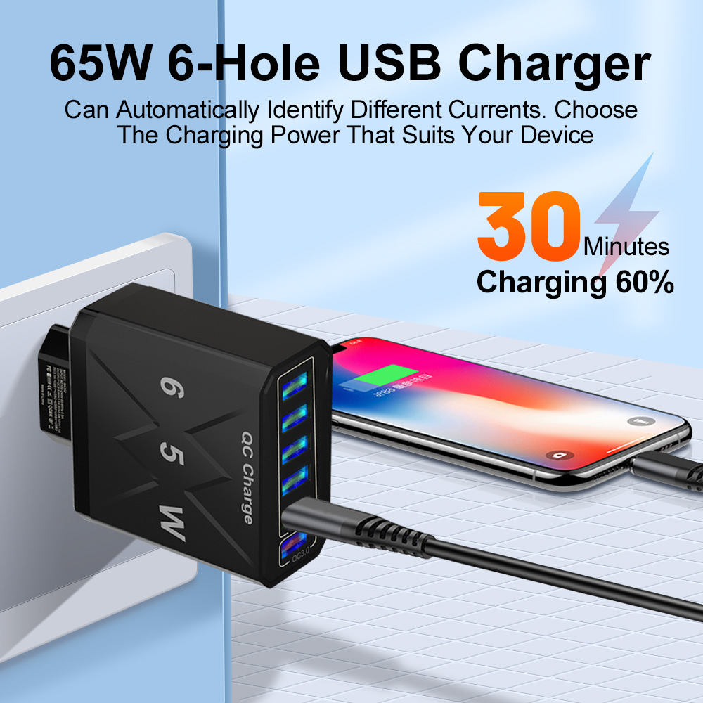 Standard 65W 6USB QC3.0 Fast Phone Charger Multi-Port Charging Head UK KR Plug