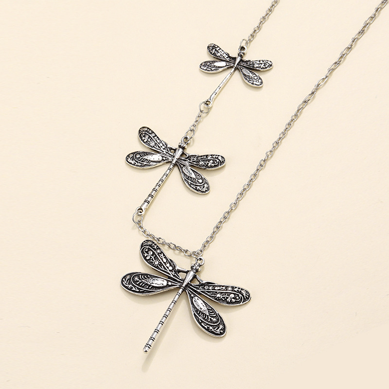 New Carved Tribal Pattern Dragonfly Pendant Asymmetric Dragonfly Sweater Chain