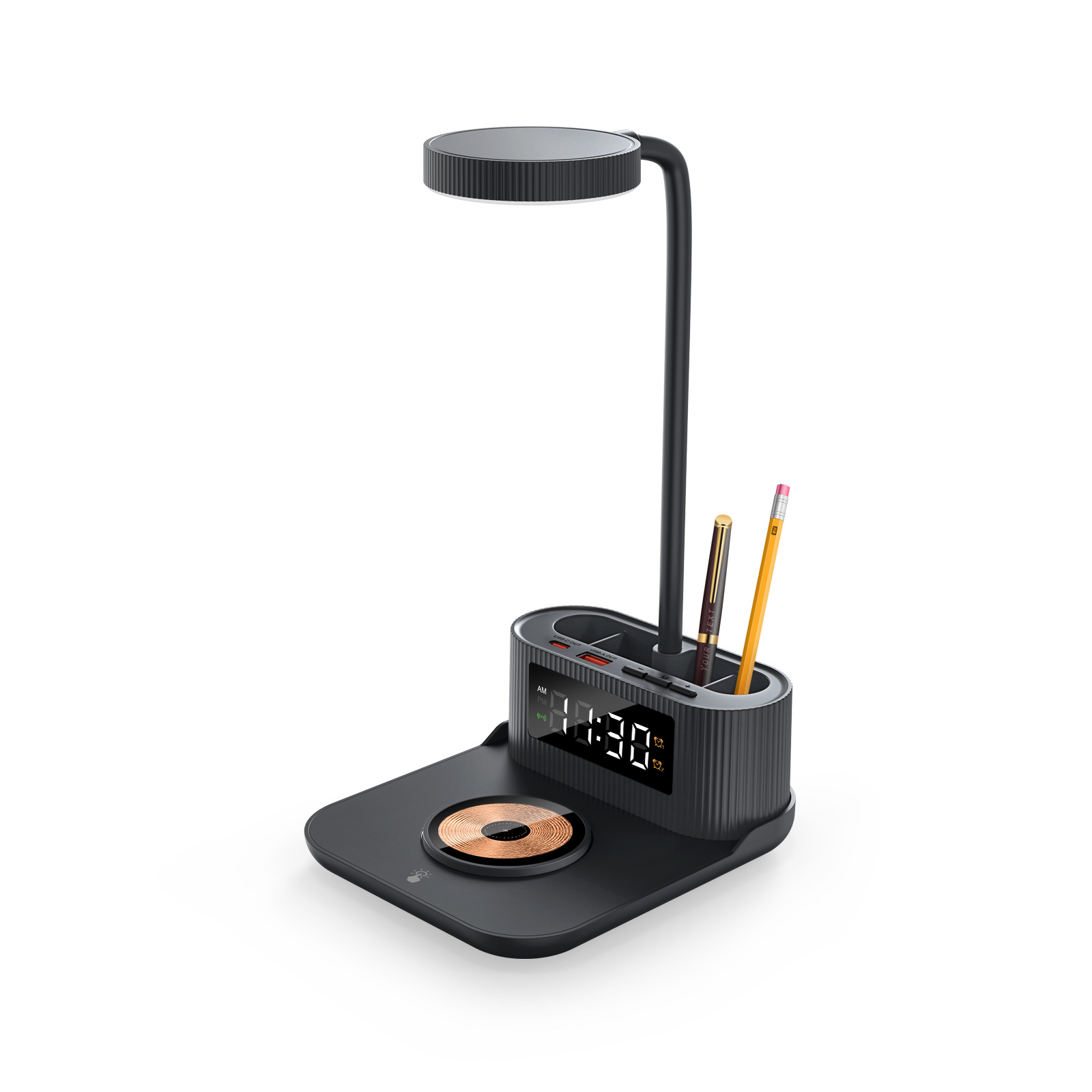 New with Alarm Multifunctional Bedside Lamp Wireless Charger with Clock Pen Holder Desk Lamp 15W Wireless Fast Charging