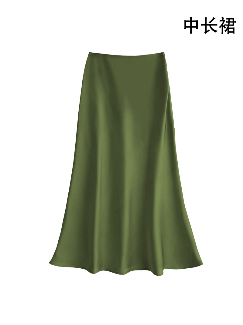 Summer commute elastic waist satin skirt women spring and summer high waist hip-hugging skirt mid-length skirt A-line skirt