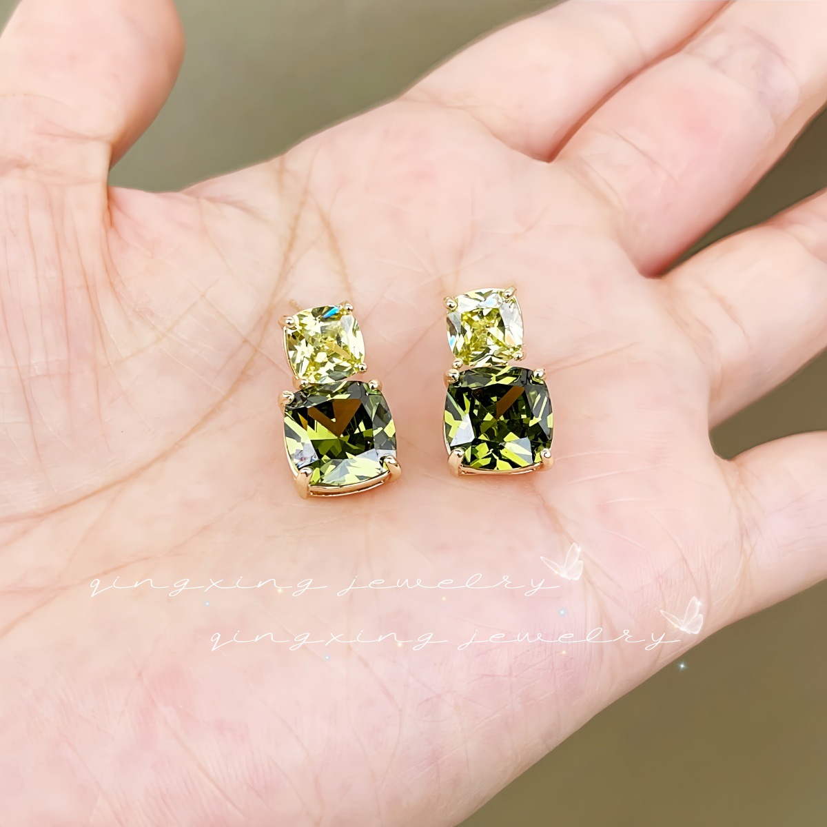 Olive Green Zirconia Exquisite Square Ear Studs No Piercing Ear Clip Earrings Silver Needle Women's Ear Jewelry