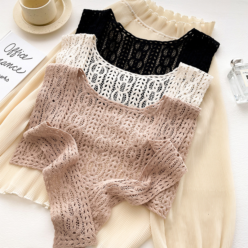 Crochet lace hollow small shawl for women, outerwear accessory shirt skirt lace fake collar, summer thin cape shoulder wrap