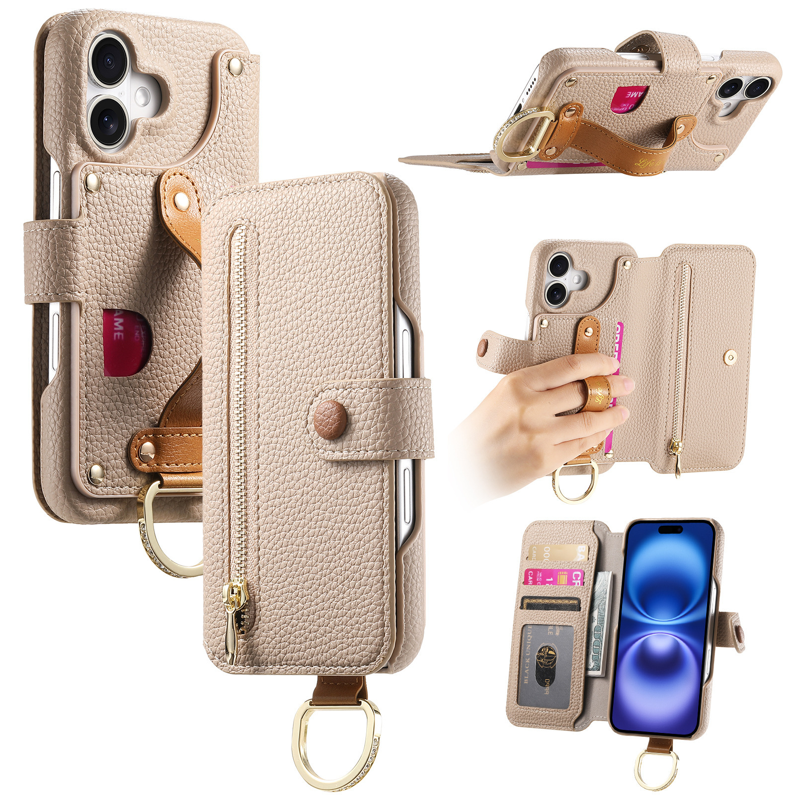 Leather grain plain leather back adhesive flip phone case for Apple 18 phone case card slot iPhone18 case