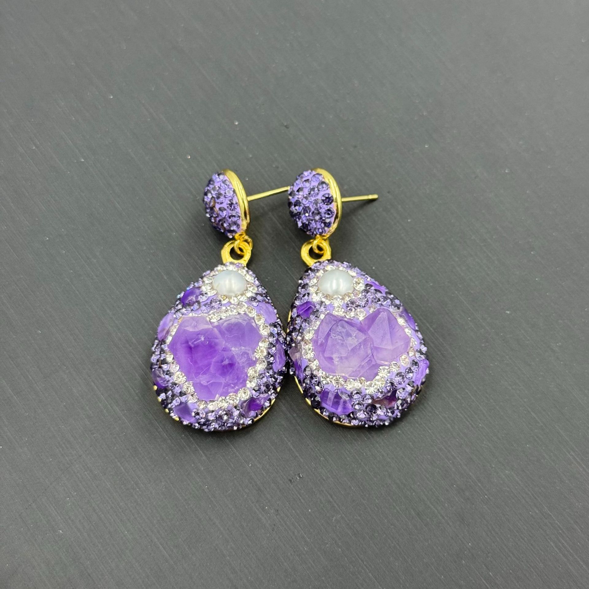 Natural Raw Stone Amethyst Necklace Czech Diamond Inlay Four-Piece Set Niche Raw Ore Accessories Live Stream Wholesale