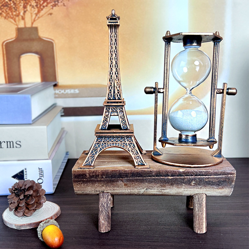 1047 Iron Tower Hourglass Ornament Simple Modern Home Study Wooden Base Hourglass Ornament