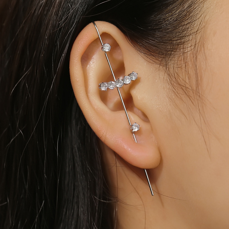 Fairy copper zircon platinum piercing ear needle surround ear cuff oblique line earrings women