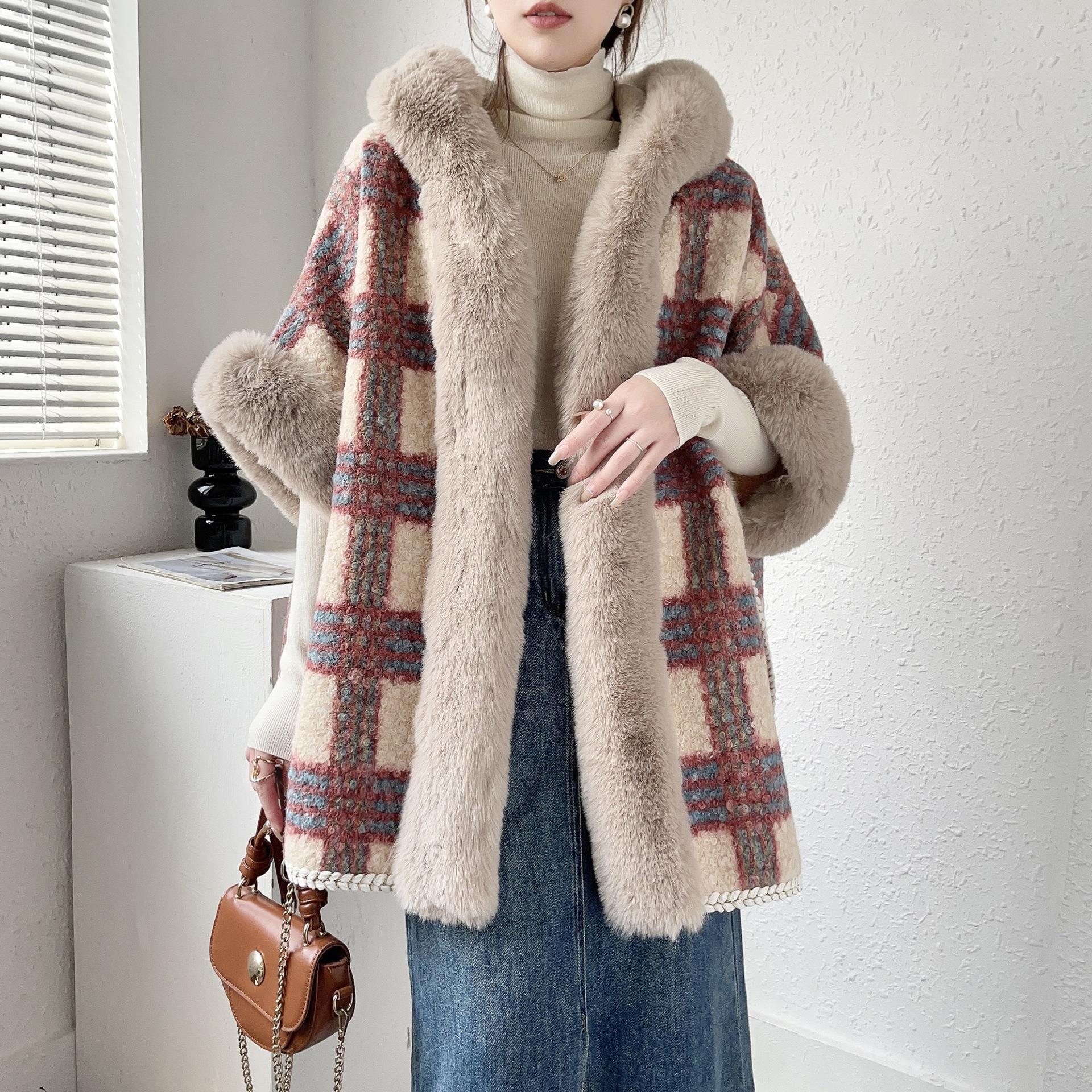 Live Loose Shawl Women 2023 Autumn Winter Cape Thickened Imitation Sheep Fur Collar Hooded Coat