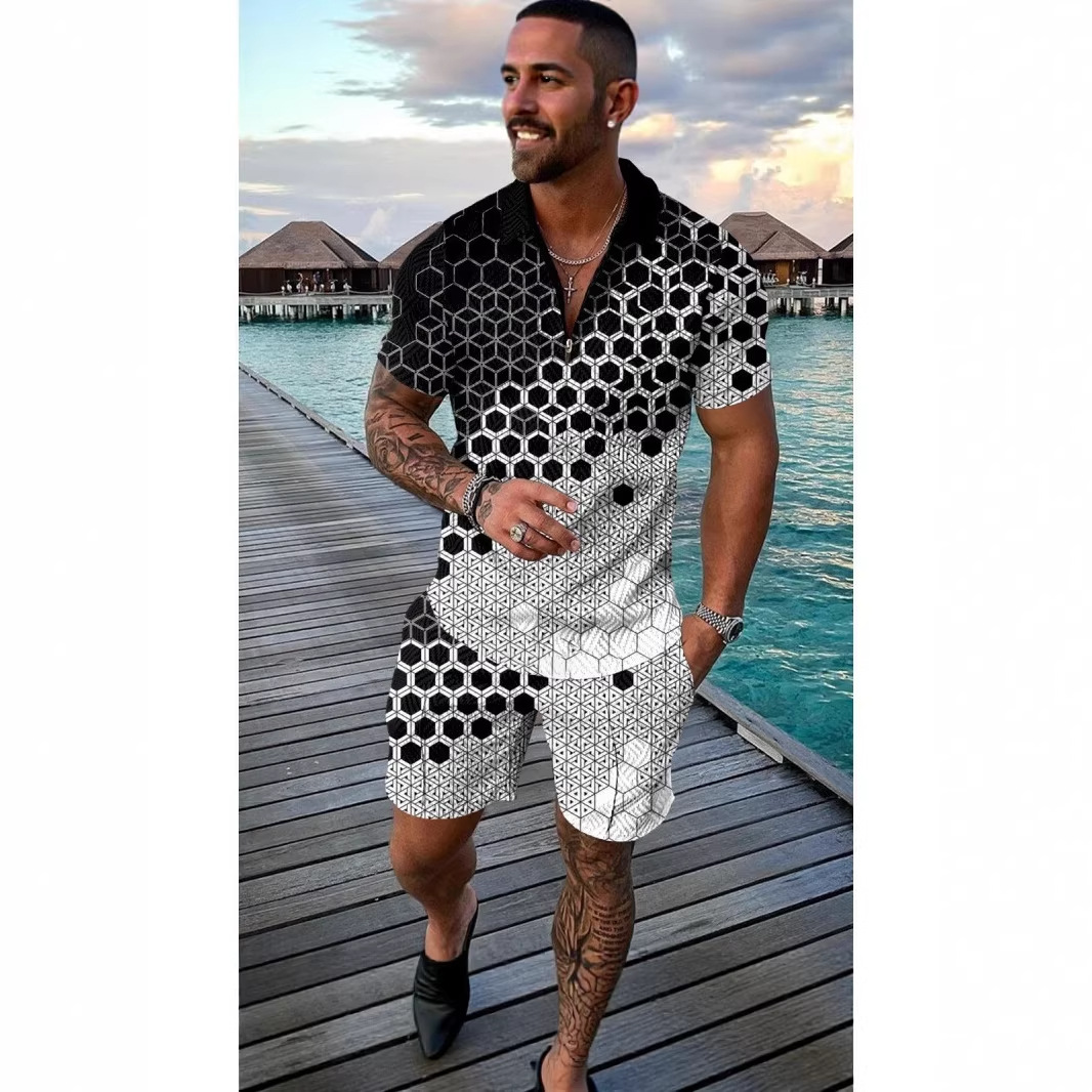 2026 New Men's Casual Sports Suit Summer Short Sleeve Polo Shirt Shorts Two Piece Set Color Block Print
