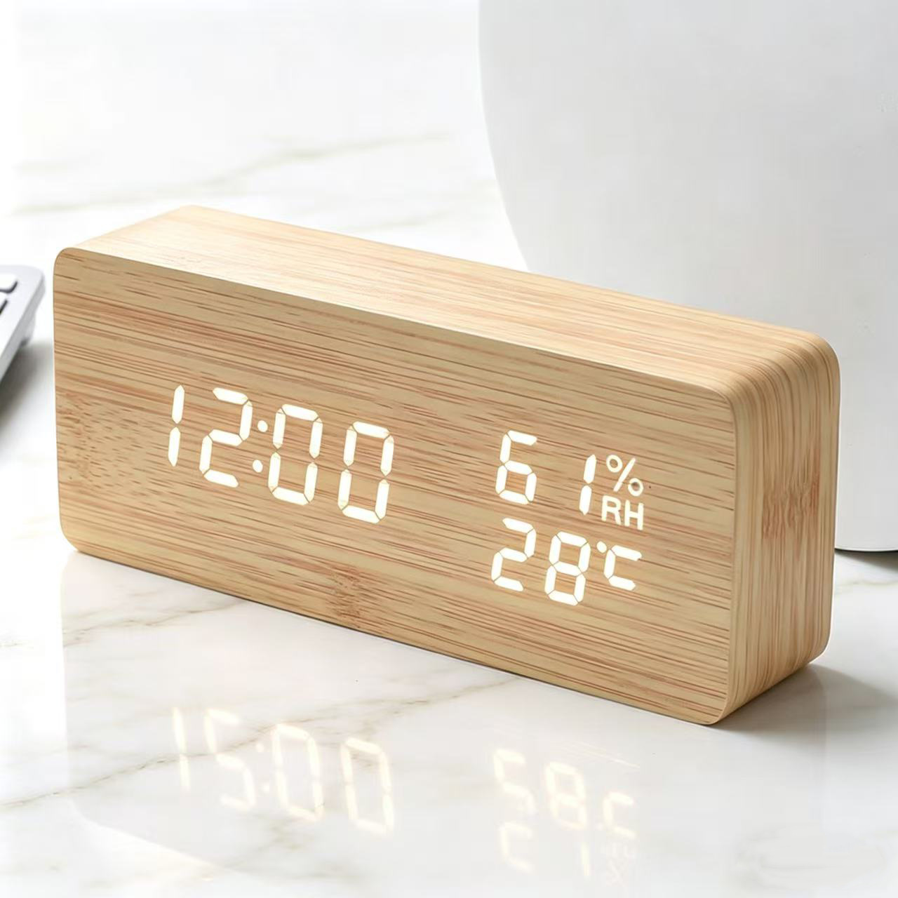 Smart voice-controlled wooden digital alarm clock, temperature and humidity clock, PVC wooden office clock, student electronic clock, LED wooden clock