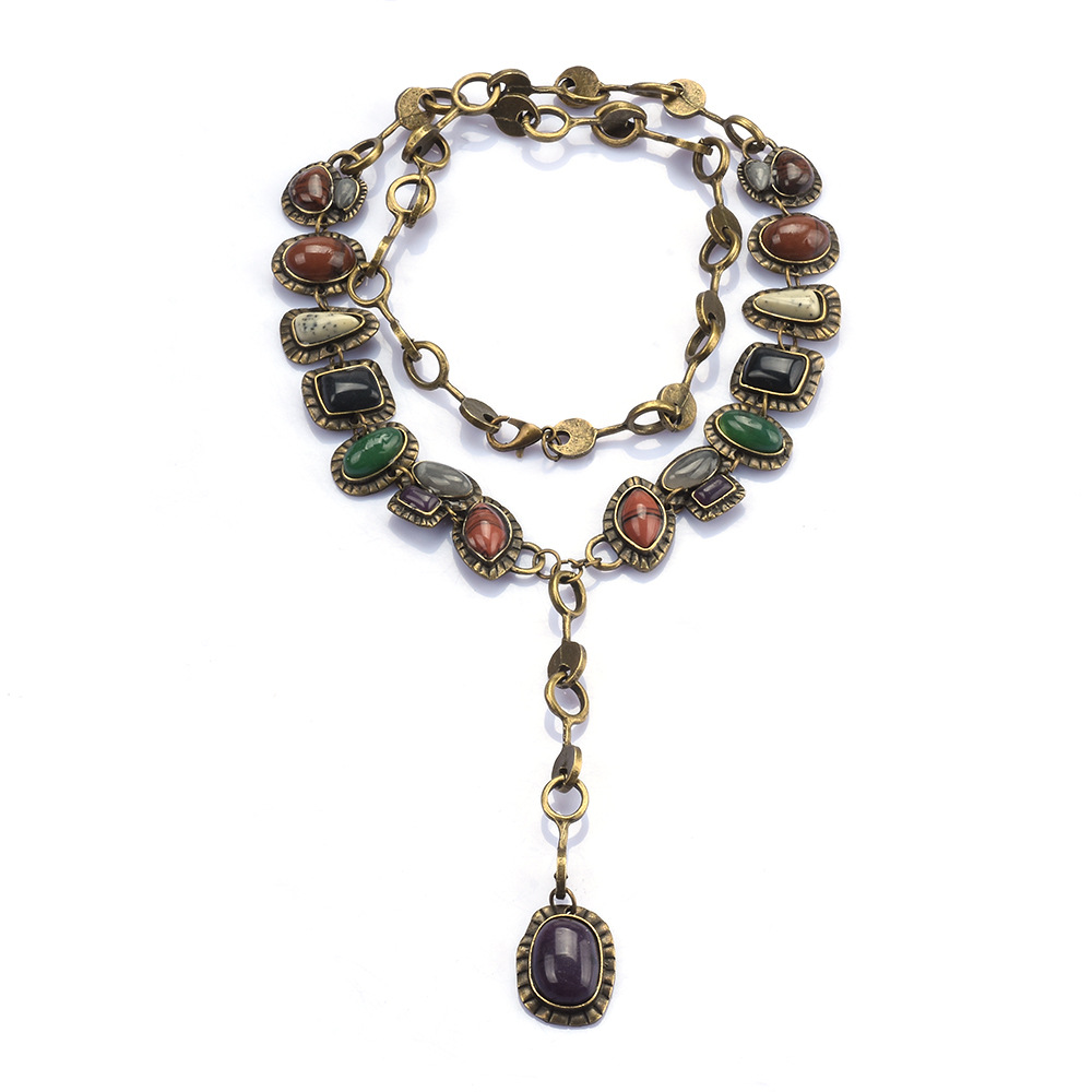 Cross-border new style ZA metal gemstone necklace long sweater chain