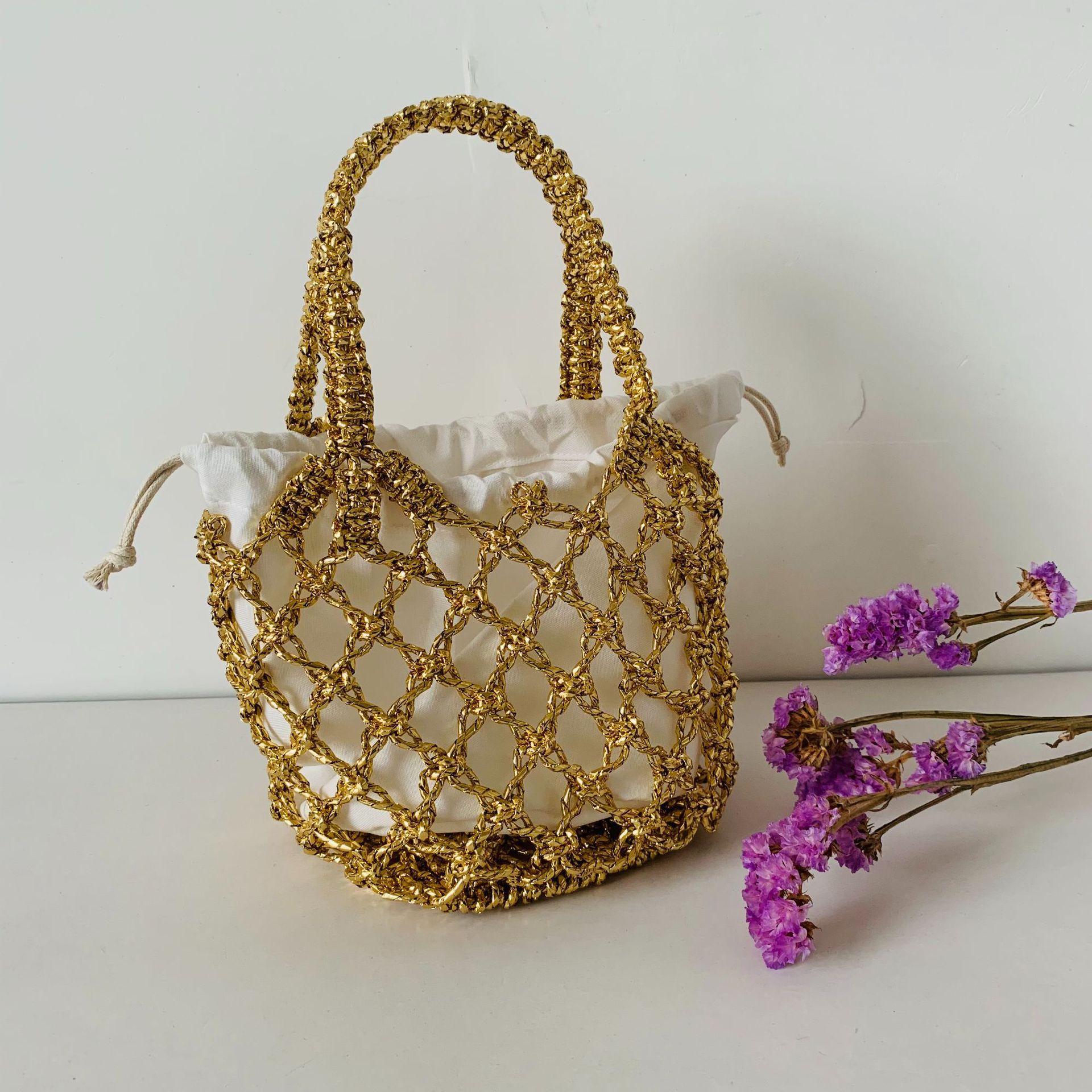 Gold and silver thread hollow mesh women's woven bag, forest style handbag, beach bag, hollow woven handbag