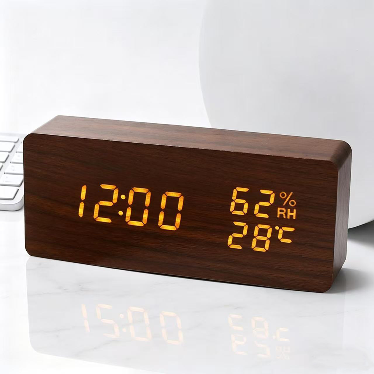 Smart voice-controlled wooden digital alarm clock, temperature and humidity clock, PVC wooden office clock, student electronic clock, LED wooden clock