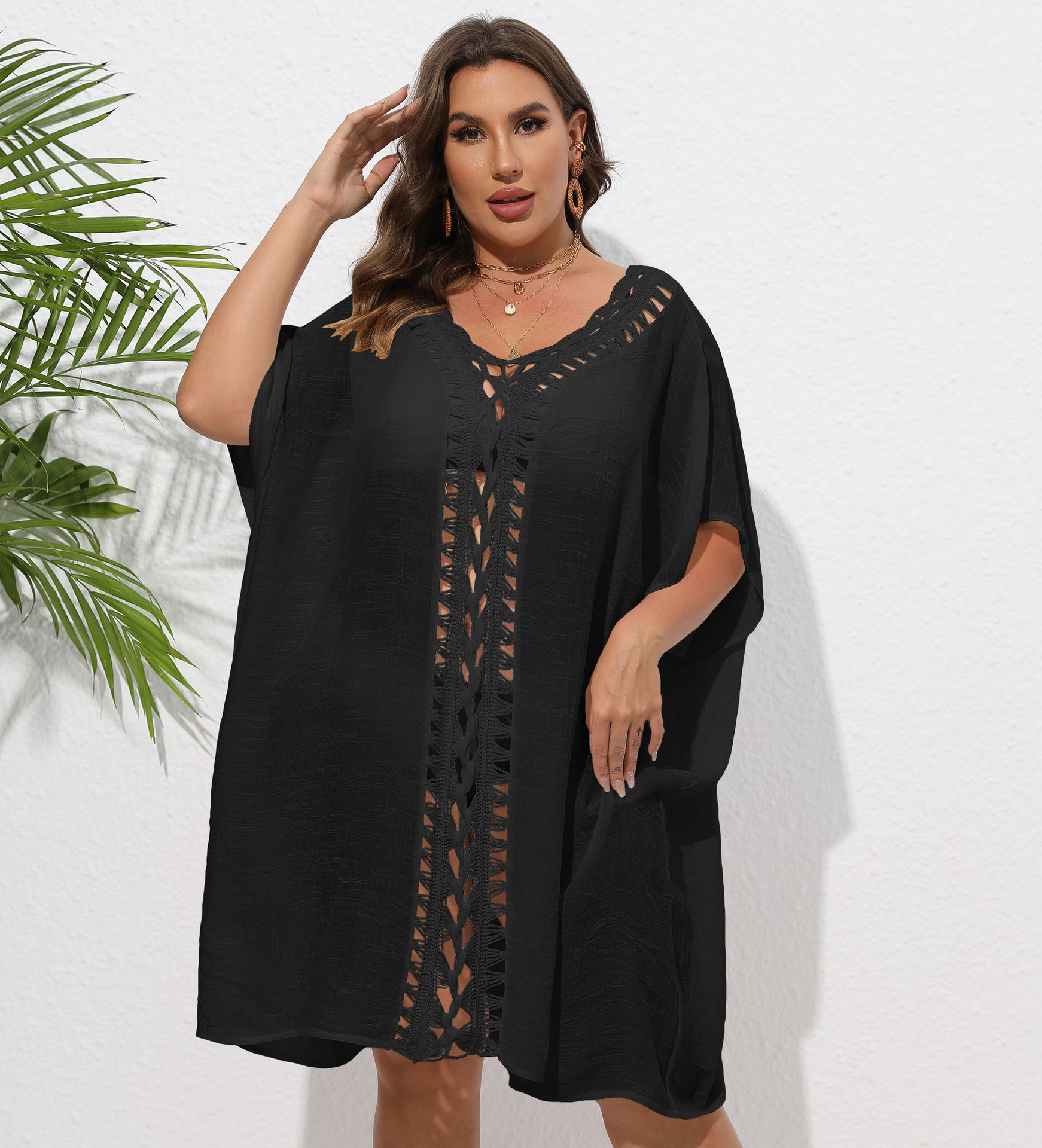 Women's Dress Plus Size Hand-Crocheted Lace-Up Loose Beach Bikini Outer Cover-Up