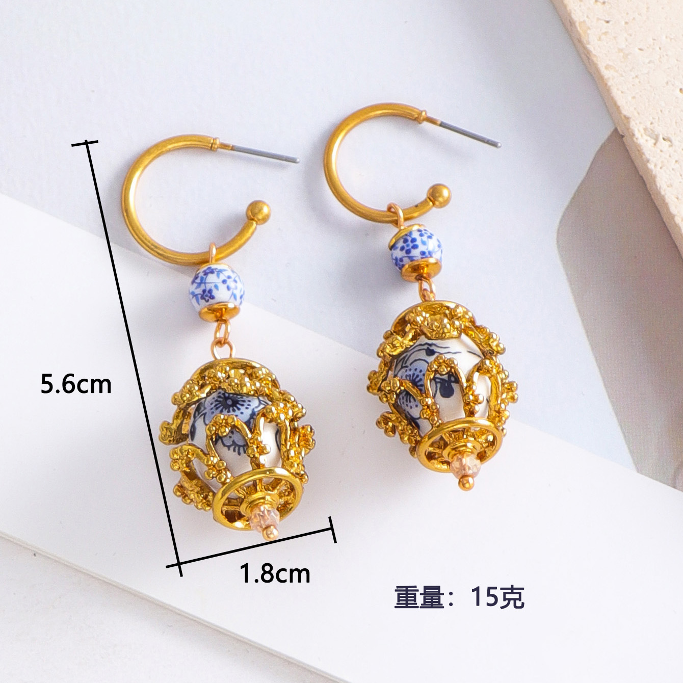 Original Design New Chinese Style Blue and White Porcelain Metal Earrings Women