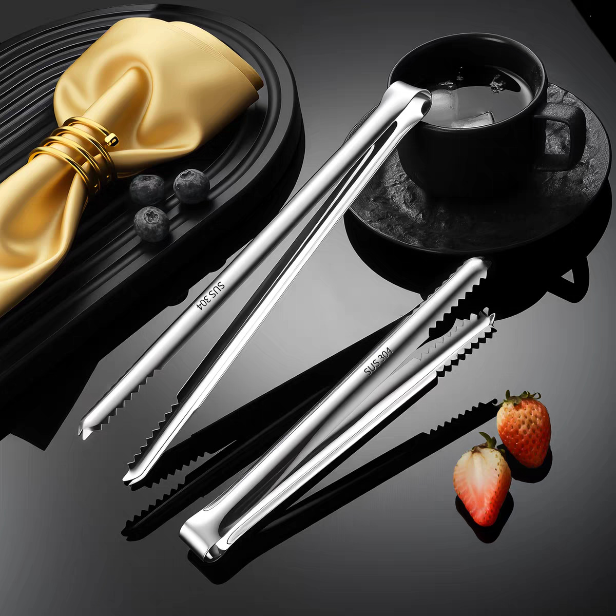 304 stainless steel ice tongs non-slip straight ice cube tongs sugar ice fruit small clip barbecue food clip