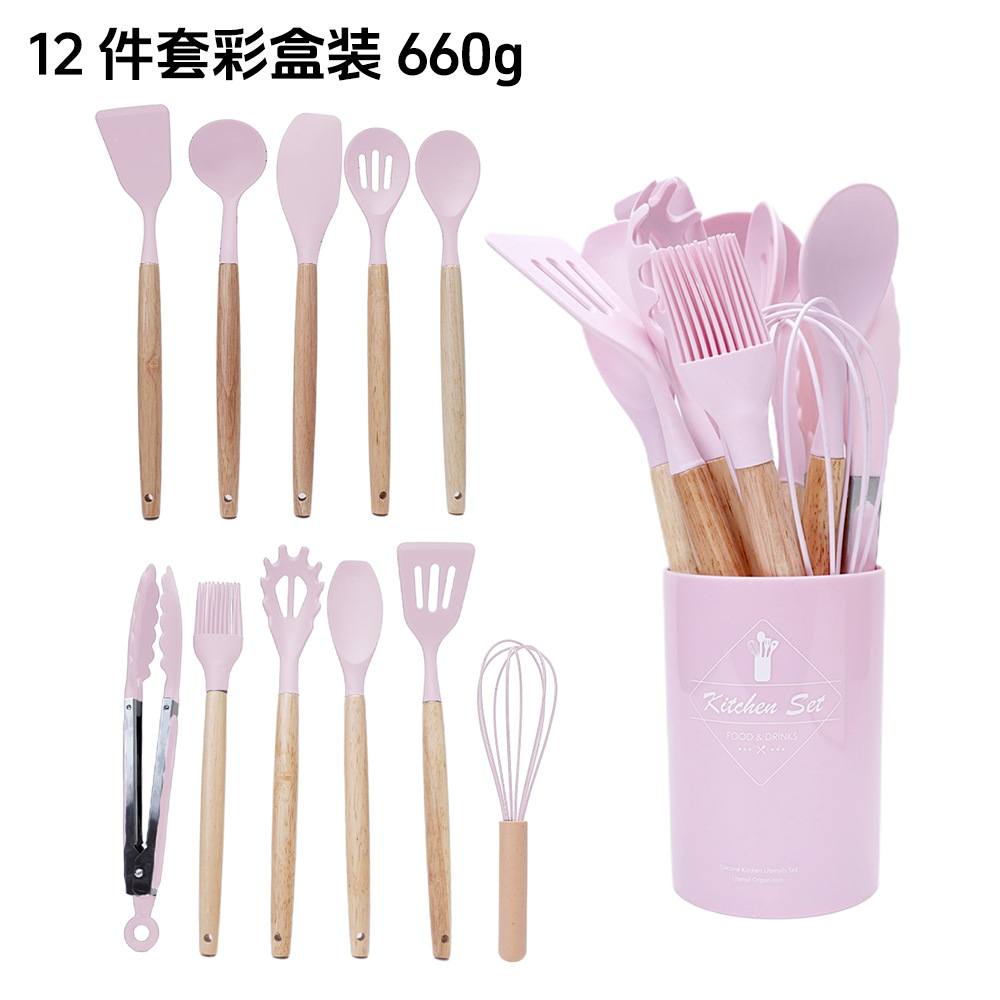 Light Version 750g Silicone Kitchen Utensil Set Wooden Handle 14-Piece Set Kitchen Tools Cooking Spatula Spoon Set 14-Piece Set