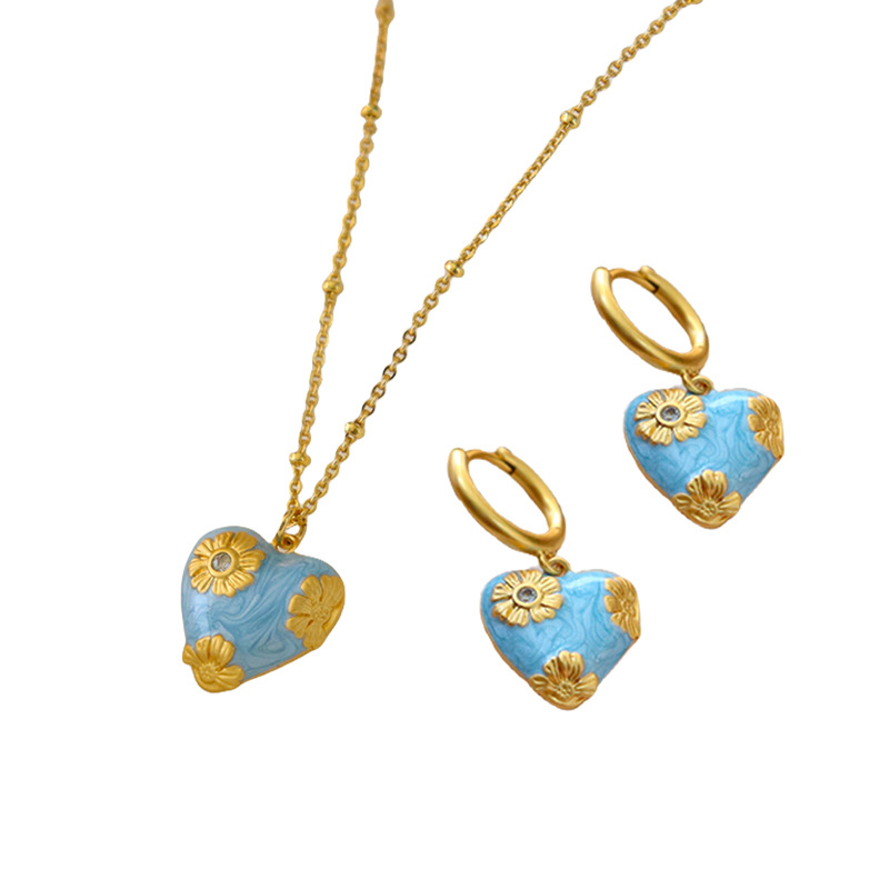 Exquisite blue enamel flower heart necklace women commuter clavicle chain