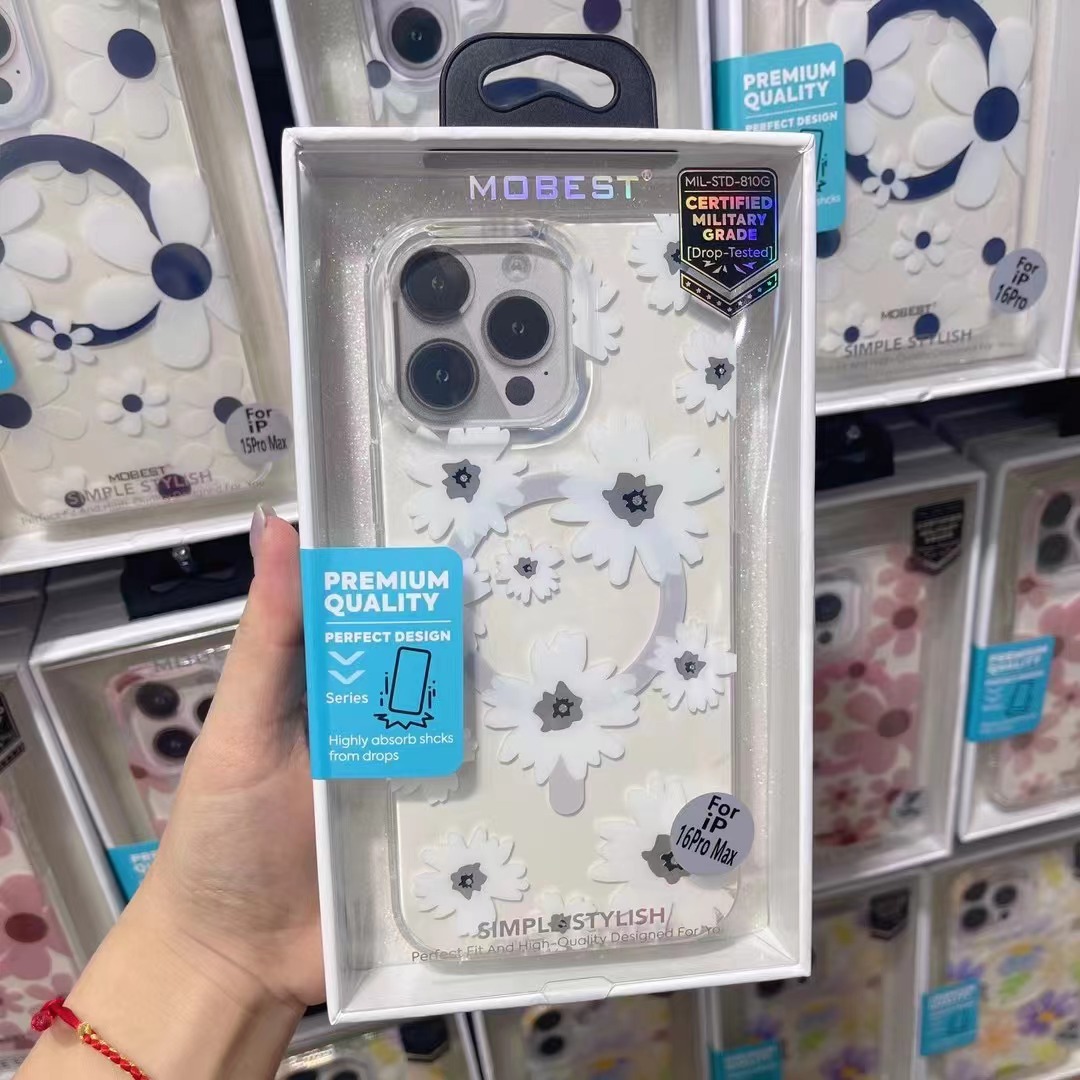 For iPhone 16 Pro Max Garden Transparent Magnetic Phone Case Apple 17 Electroplated Daisy Flower Case