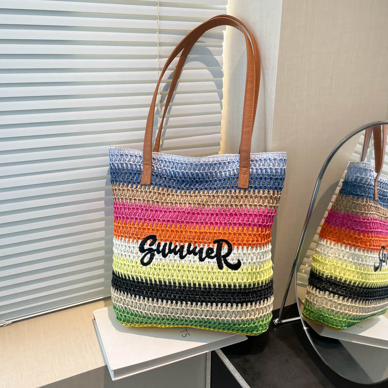 2026 new straw woven bag women's large capacity shopping bag striped letter beach bag embroidered handbag