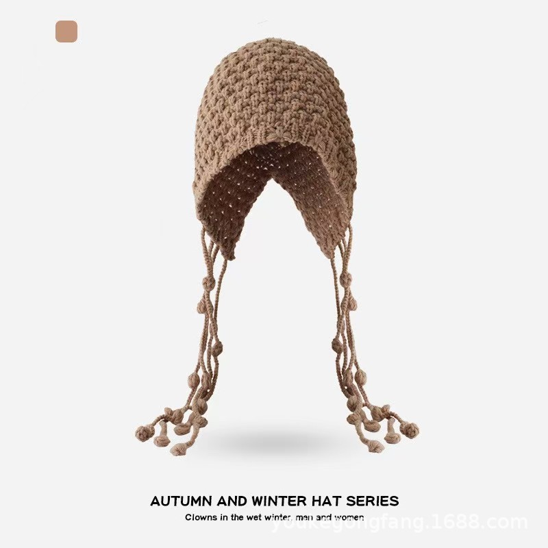 Hat Handwoven Tassel Knit Hat Women Autumn Winter New Warm Ear Protection Large Head Circumference Face Slimming Wrap Hat