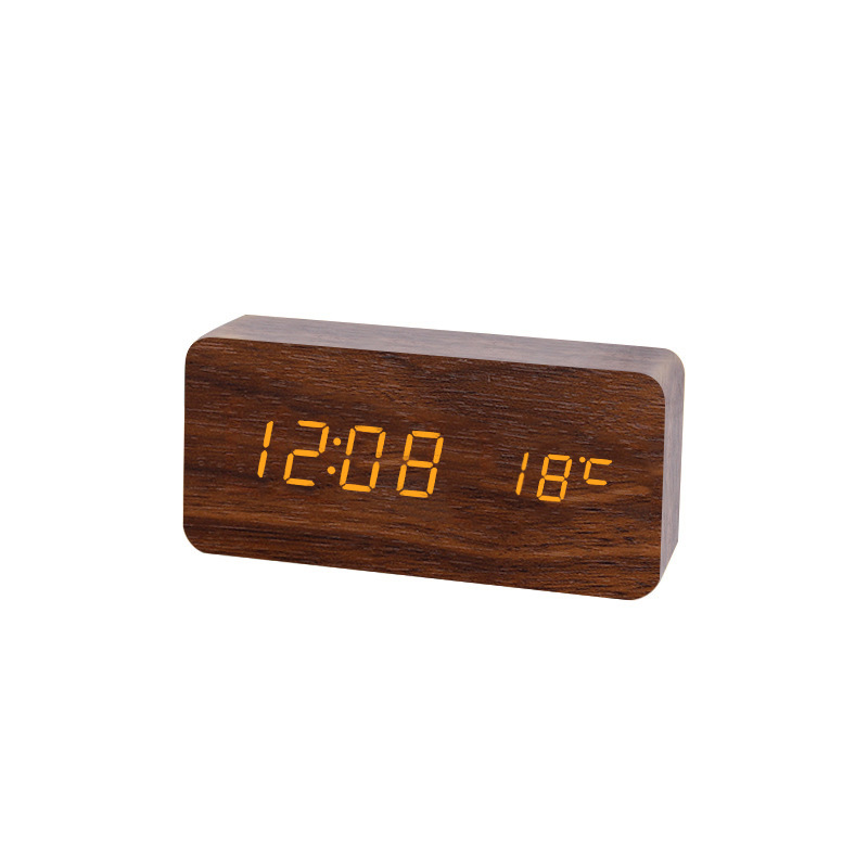 Wooden alarm clock, voice-activated night light silent temperature alarm clock, home student LED digital alarm clock