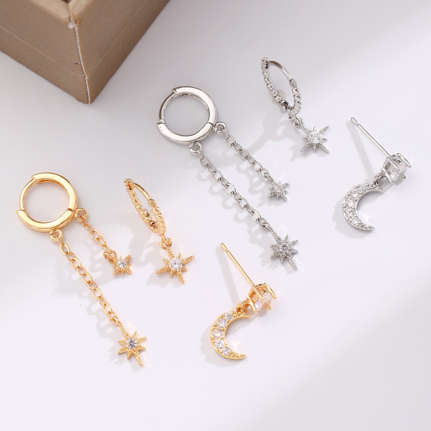 Star Moon Asymmetrical Earring Three-Piece Set Zircon Ear Stud Ear Cuff