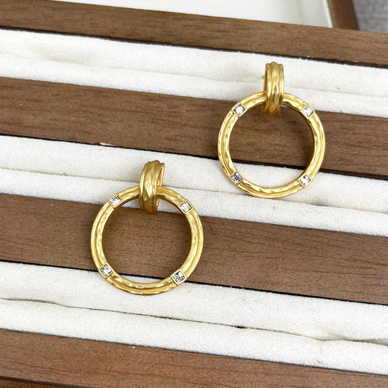 Brass gold plated matte gold circle square gem ear studs