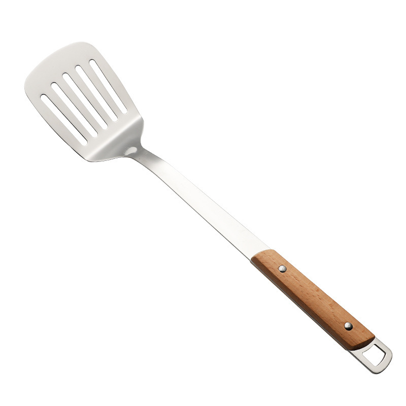201 non-magnetic stainless steel spatula, soup spoon kitchen set, kitchen cooking household solid wood handle frying spatula, slotted spoon logo