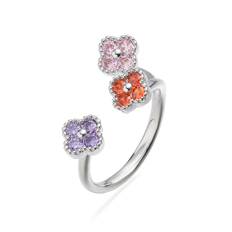 Copper Inlaid Colorful Diamond Lucky Four-Leaf Clover Ring, Exquisite Super Shiny Flower Petals Open Adjustable Ring