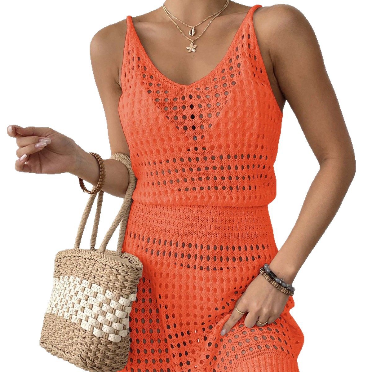 2025 Women's Blouse Sexy Knit Halter Dress Fitted V-Neck Cutout Bikini Outer Beach Dress