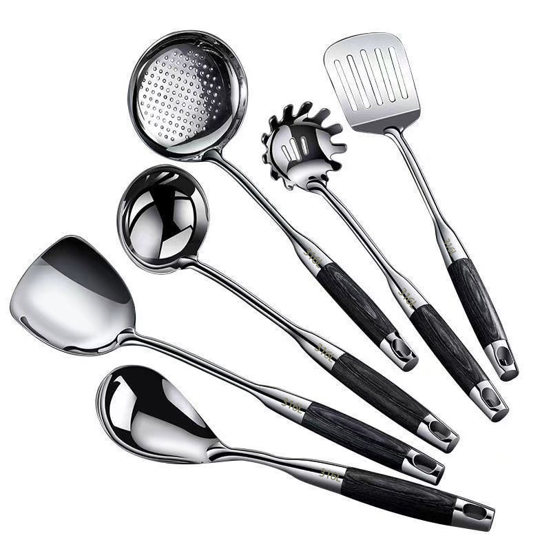 316 stainless steel spatula set for cooking, kitchen utensil set, household cooking spoon, wooden handle soup spoon, slotted spoon, thickened frying spatula