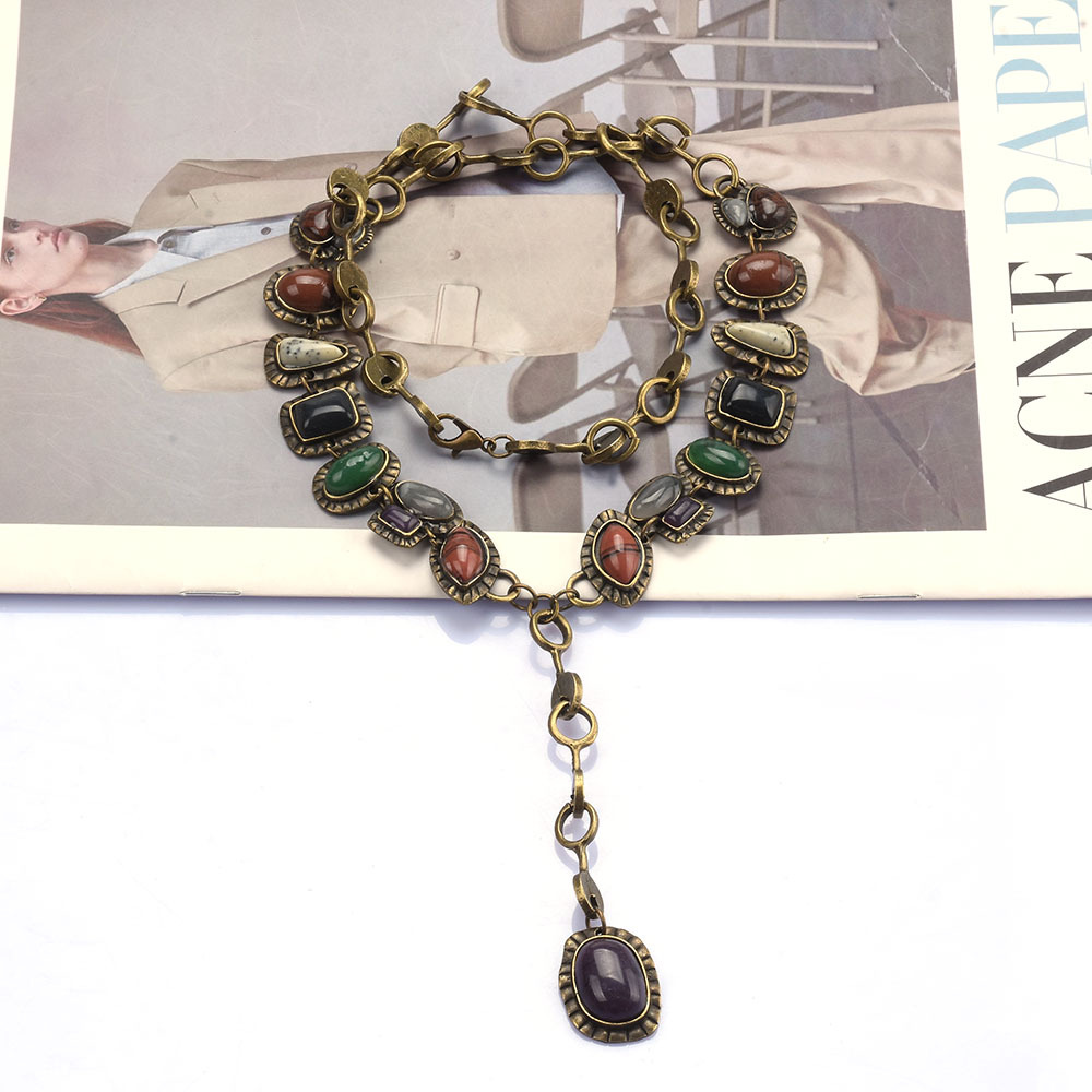 Cross-border new style ZA metal gemstone necklace long sweater chain