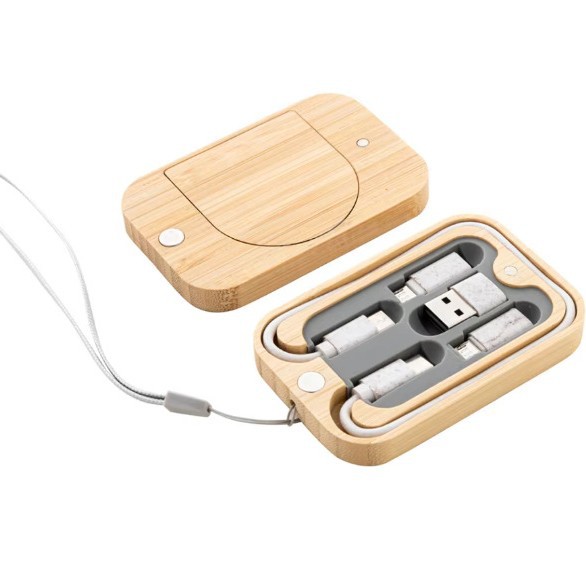 Eco-Friendly Wheat Straw 6-in-1 Data Cable Storage Box Bamboo Wood Storage Box Fast Charging Data Cable 60W Portable
