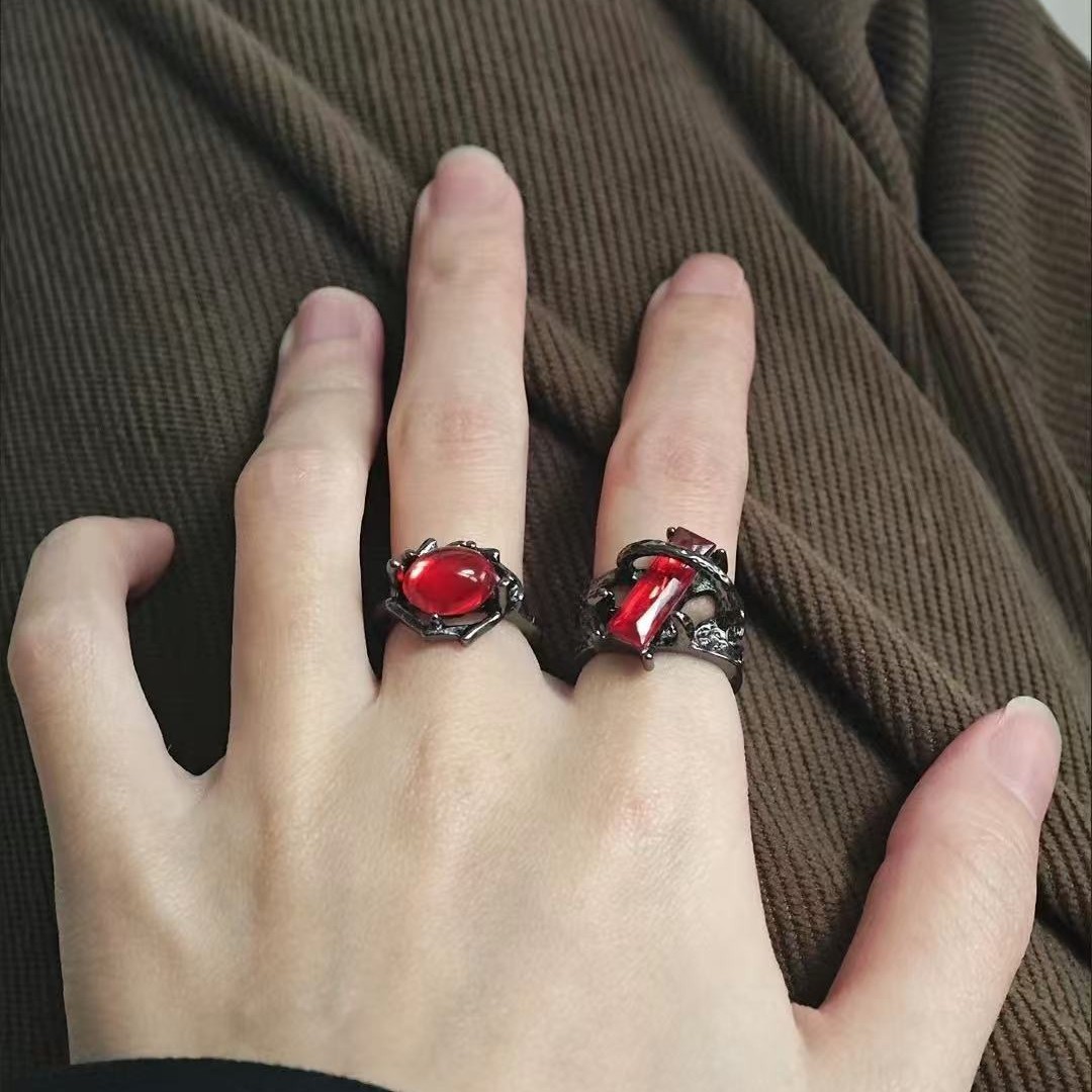 Red Geometric Gemstone Design Ring for Men and Women Niche Punk Hollow Texture Metal Ring