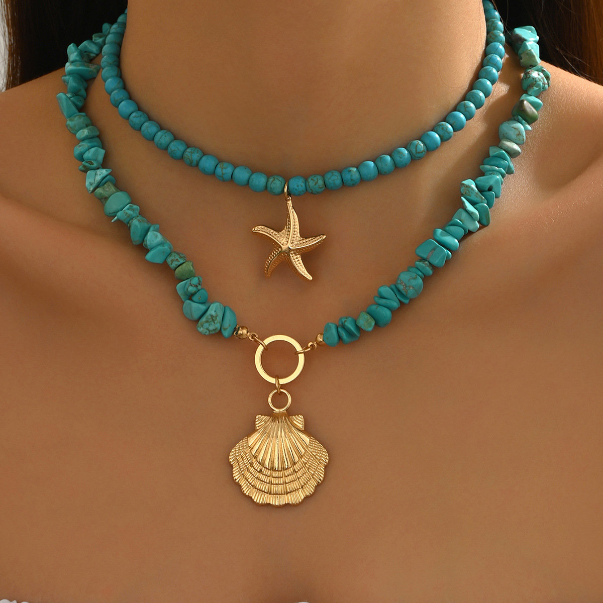 Accessories Ocean Style Shell Turquoise Multi-layer Necklace Beach Vacation Style Starfish Bead Necklace Set