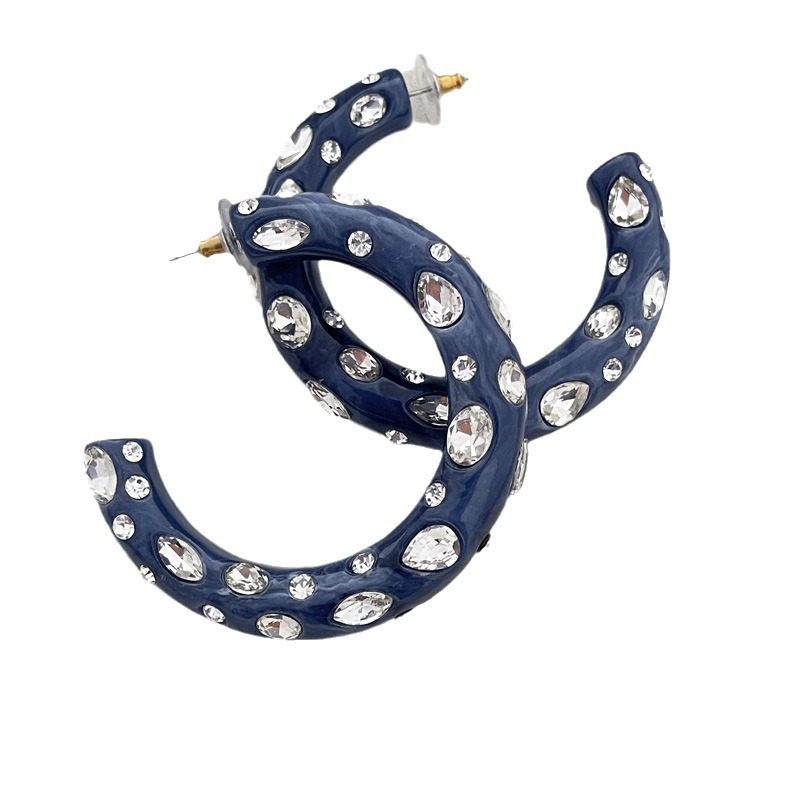Blue full diamond large C earrings ear hoops style resin ear accessories
