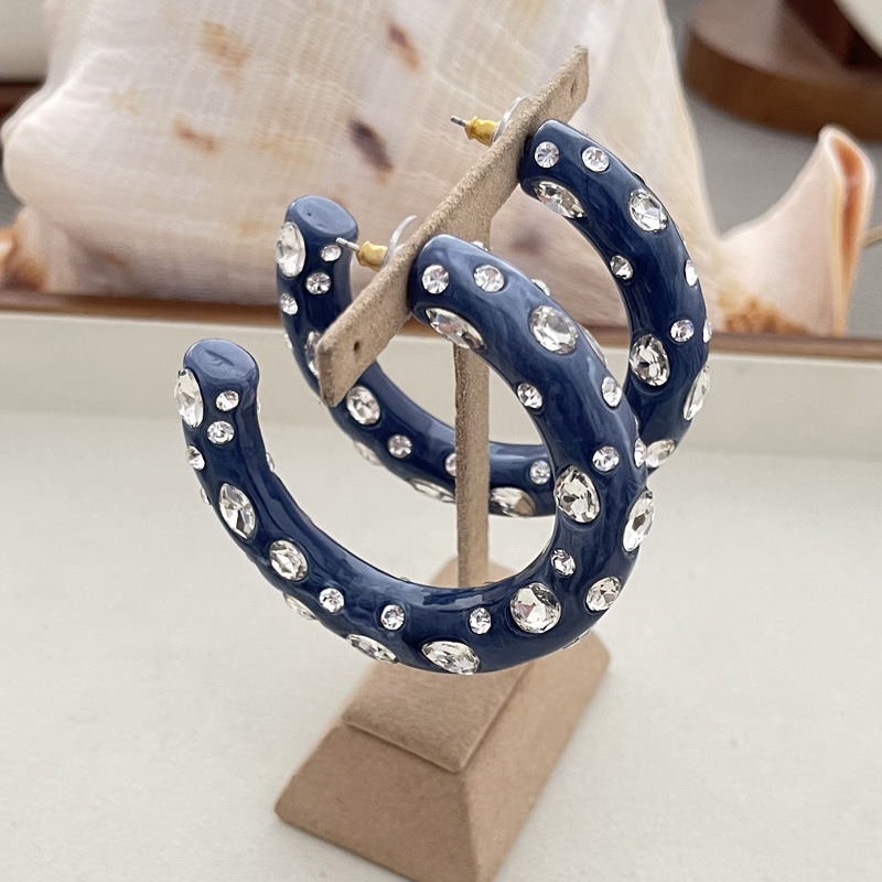 Blue full diamond large C earrings ear hoops style resin ear accessories