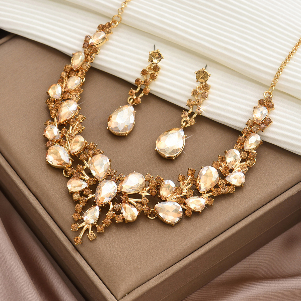 Jewelry Set Colorful Flower Teardrop Pendant Necklace Earrings Two-Piece Wedding Accessories