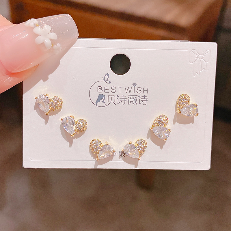 Wind real gold electroplated copper-set zircon 6 pieces three pairs of small earrings collection, earring accessories
