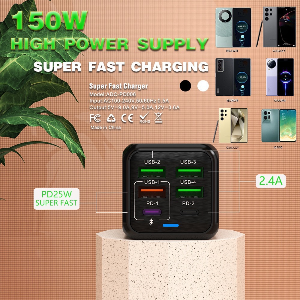 New 150W Charging Head 4USB+2PD Multi-Port Fast Charger for Phones 5V2.4A UK Plug