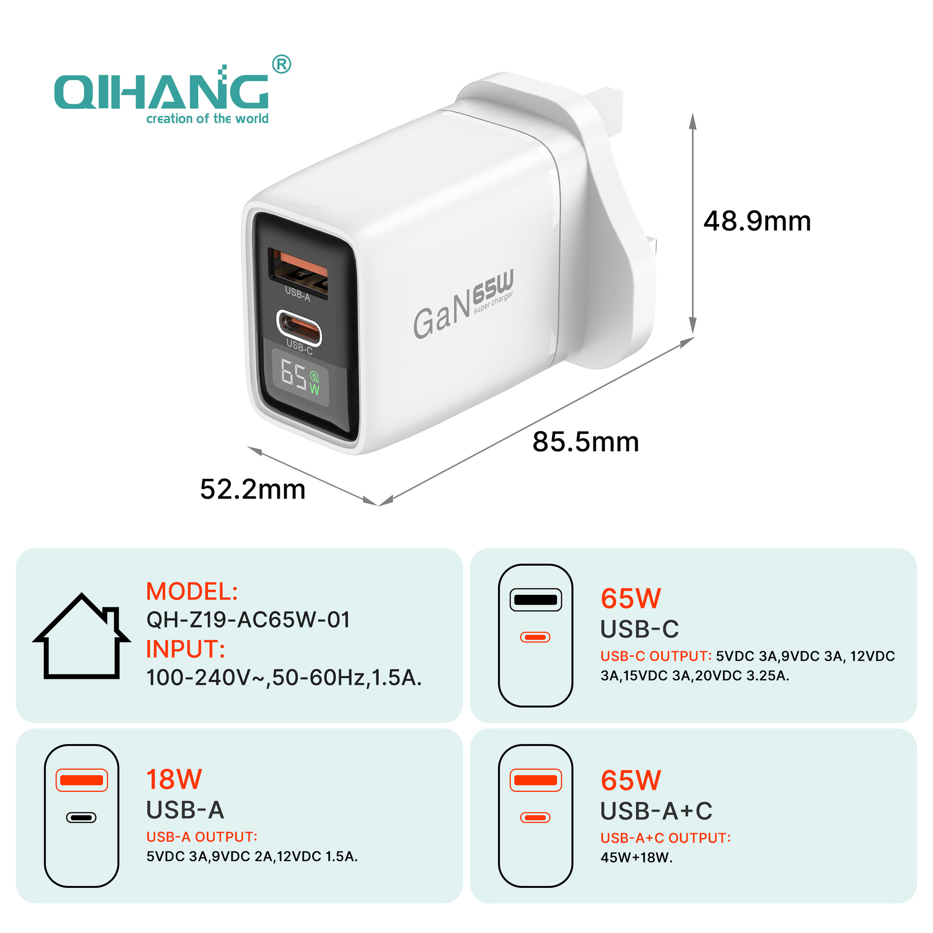 PD65W GaN Charger Compatible with Apple Huawei Xiaomi Phone Digital Display Charger Multi-Port Custom