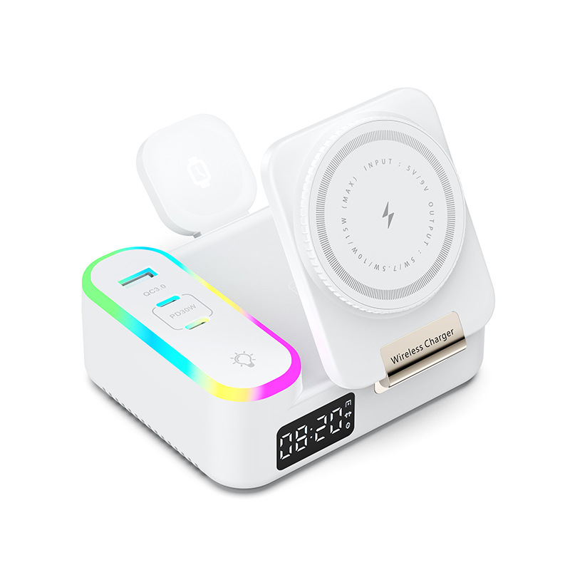 New Private Mold Built-in Retractable Cable Wireless Charger Magsafe Multi-Port Foldable Wireless Charger with Digital Display Clock